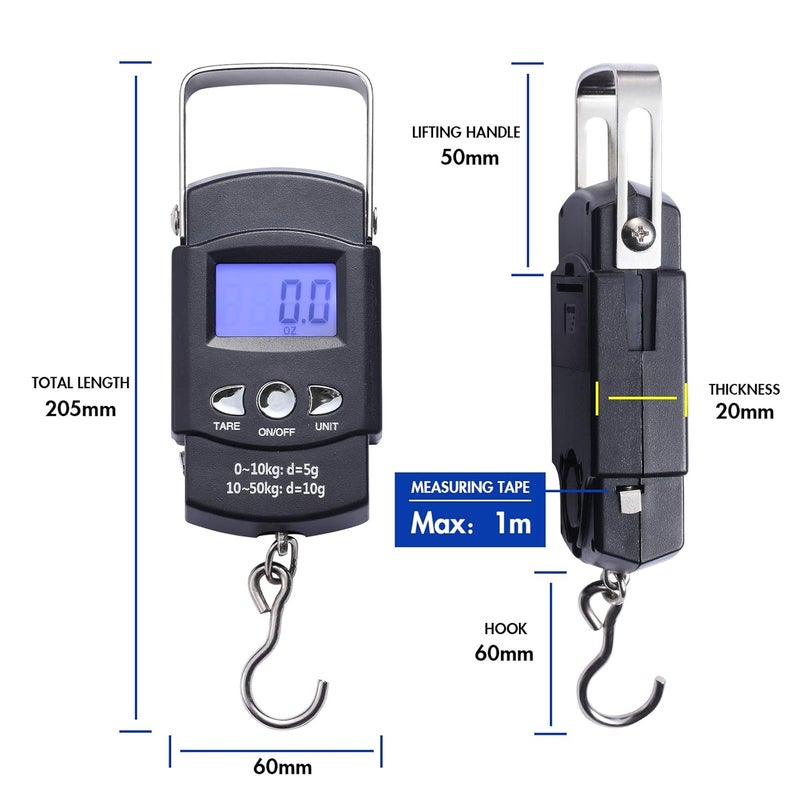 KABUDA 2 Pack Fish Scales, Portable Luggage Weight Scale with Backlit LCD Display 110lb / 50kg Electronic Balance Fishing Postal Hanging Hook Scale with 3.28 ft Measuring Tapes & 4 AAA Batteries (Black) - Image 2
